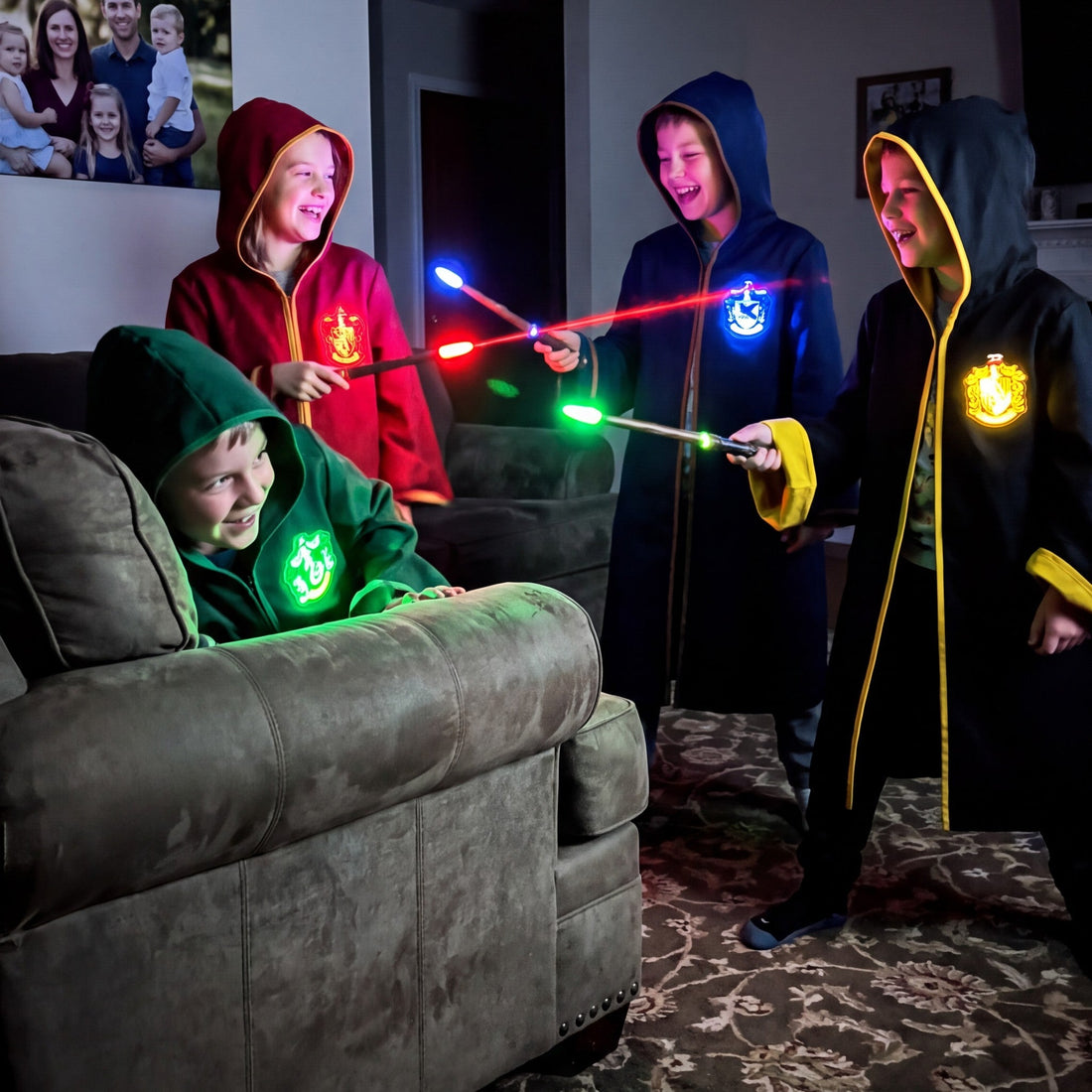Four kids dueling at night with glowing wands and light-up house crests